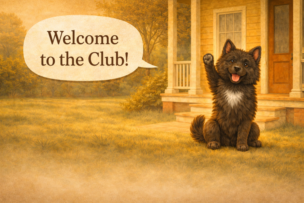 Henley the dog waving on a sunny porch with a speech bubble saying “Welcome to the Club”
