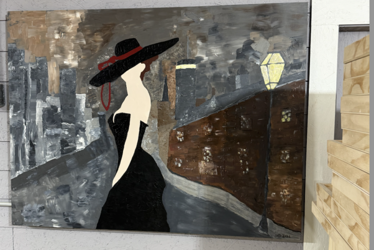 Original painting by Glenn Edebohls on a handcrafted Vermont Art Panel, featuring a woman in a black dress and hat in a city scene.